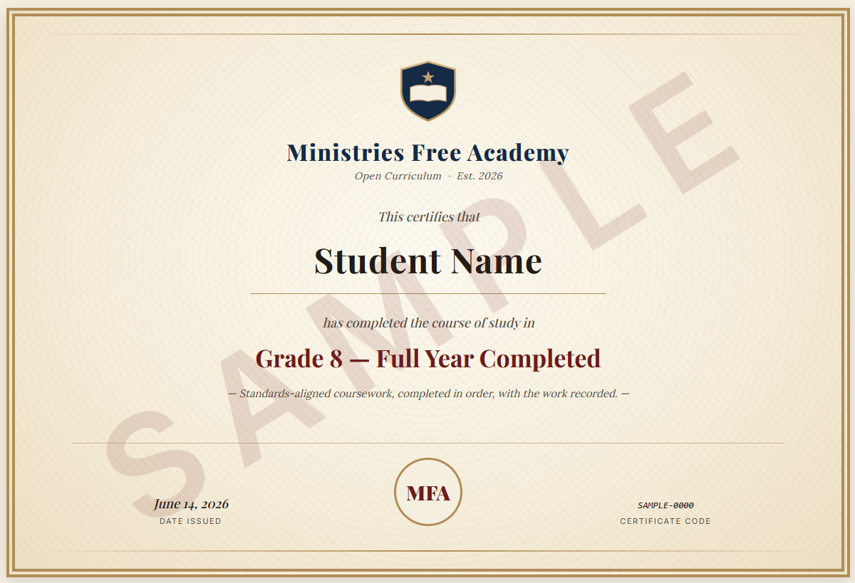 Sample Ministries Free Academy diploma — Grade 8, full year completed, signed and sealed