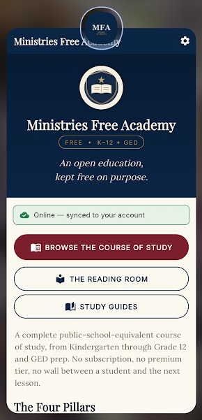 Ministries Free Academy app home screen — Browse the Course of Study, The Reading Room, and Study Guides