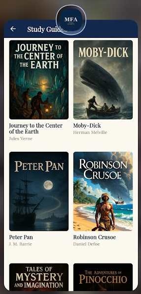 Study guides for classic books including Moby-Dick, Peter Pan, and Robinson Crusoe