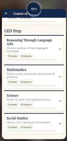 GED Prep course of study — Language Arts, Mathematics, Science, Social Studies