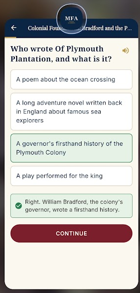 A lesson in progress with a read-aloud question and instant feedback on the correct answer